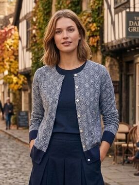 L.L. Bean Women’s Navy & White Geometric Supima Cotton Cardigan – Size Small